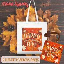 Túi vải Canvas theo chủ đề Lễ Tạ ơn có thể tùy chỉnh 35x40cm, Hoàn hảo cho việc mua sắm của người lớn, tiệc tùng ngày lễ và sử dụng hàng ngày, Túi xách đa năng - trắng - Xem 10