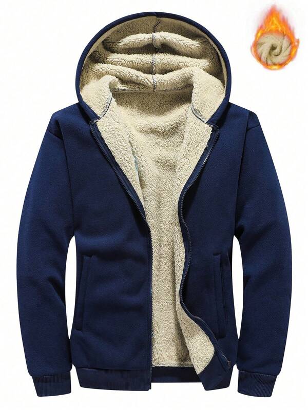 Men Zip Up Thermal Lined Hooded Jacket, For Fall Winter