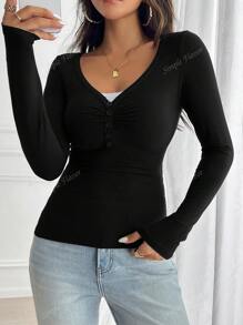 Simple Flavor Women's T-Shirt Y2K Fall Clothes Casual Daily Sexy Solid Color Lace Contrasting Color Slim Long Sleeve V-Neck Top