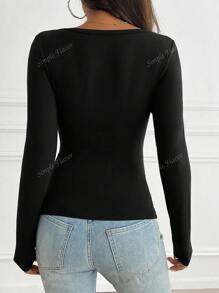Simple Flavor Women's T-Shirt Y2K Fall Clothes Casual Daily Sexy Solid Color Lace Contrasting Color Slim Long Sleeve V-Neck Top