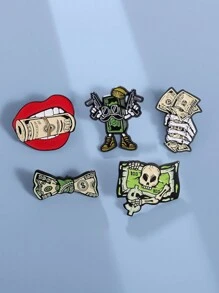 1 pieza Broche asimétrico con diseño de cabeza de esqueleto/billete de dólar único, accesorio de moda para ropa o sombrero