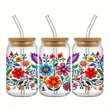 墨西哥花朵 UV 印刷防水贴纸，适用于 16 盎司罐子和瓶子 - 4 件套，优质 PVC，DIY 工艺品和美术用品，4.3 英寸 X9.4（圣诞装饰、房间装饰、家居装饰、圣诞礼物、墙面装饰） - 彩色 - 查看 5