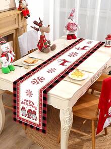 1pc Christmas Table Runner, Solid Color Christmas Tree, Black & Red Plaid Border, Red Mini Car & 3 Gnomes Graphic Theme, "Merry Christmas", Made Of Polyester Fabric, For Winter Holiday Family Party, Restaurant & Living Room Table Decor - Multicolor - View 2