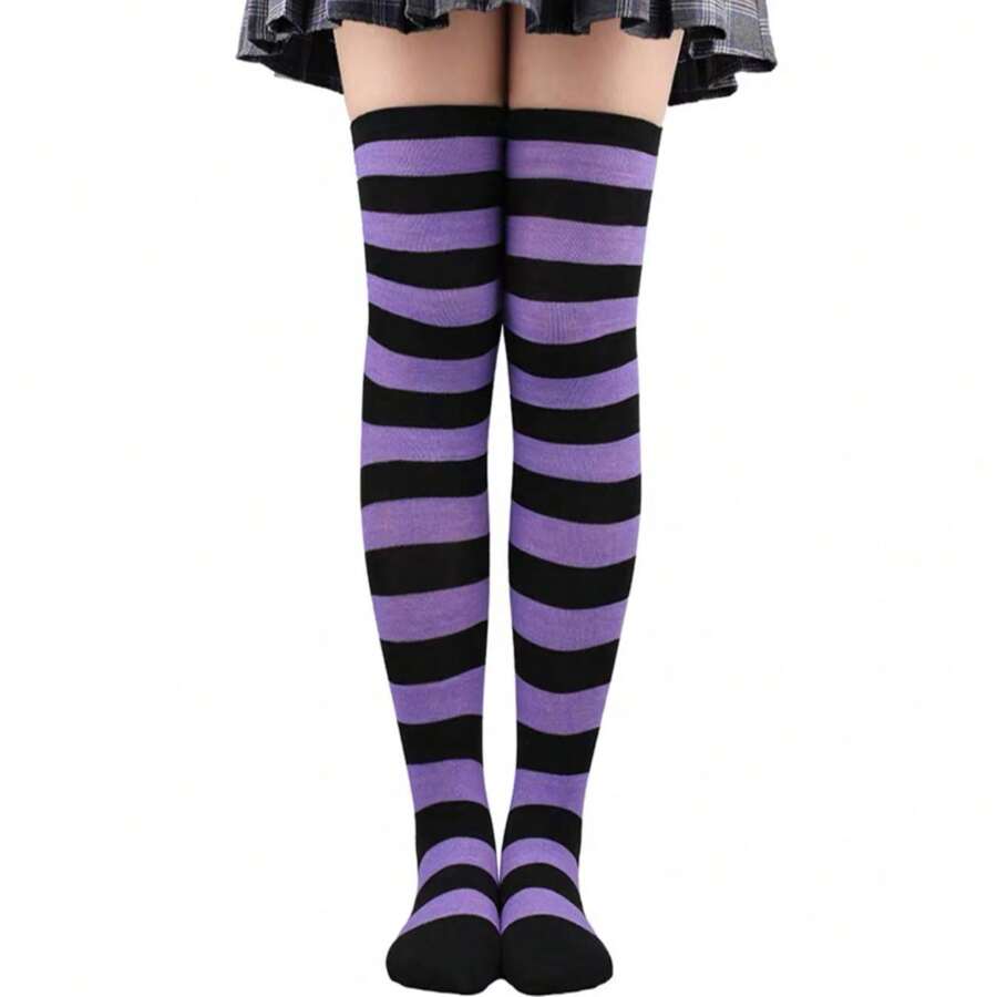 Women's Colorful Striped Knee High Stockings For Party/Carnival/Halloween/Cosplay - 紫色配黑色 - 查看 1