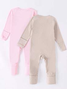 Conjunto de 2 piezas para bebé niña: Mono de bambú acanalado con cremallera, suave, transpirable, amigable con la piel, alta elasticidad, combinación de unicolor, manga larga y pantalón largo con cremallera doble (con cubierta plegable para mangas y pies)