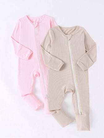 Baby Girl 2pcs/Set Bamboo Fiber Ribbed Zipper Jumpsuit, Soft, Breathable, Skin-Friendly, High Elasticity, Solid Color Combination, Long Sleeve Long Pants Double-Ended Zipper (With Foldable Sleeve Cover & Footcover)