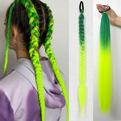 1 件 28 英寸（约 70 厘米）渐变绿色编织接发，节日派对彩色编织接发，适用于弹力包裹发髻，天然柔软编织渐变色编织接发，适合女士（绿色/亮黄色）