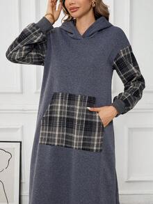 女士连帽套头羊毛运动衫拼布格子长裙