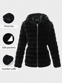 Risissida 女士带帽仿皮草外套，带口袋 - 秋冬季完美之选