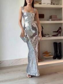 Metallic Sequin Square Neckline Fishtail Backless Sleeveless Cocktail Dress Elegant Prom Semi Formal Wedding Guest Dress, For Birthday, Graduation, Dinner, Homecoming Party Dress - Bạc - Xem 3