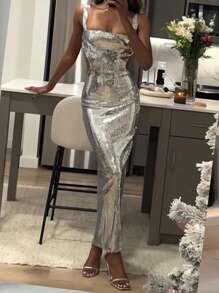 Metallic Sequin Square Neckline Fishtail Backless Sleeveless Cocktail Dress Elegant Prom Semi Formal Wedding Guest Dress, For Birthday, Graduation, Dinner, Homecoming Party Dress - Bạc - Xem 4