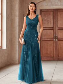 MIUSOL 心形领撞色亮片蕾丝网眼美人鱼下摆晚会修身长裙，优雅正式舞会礼服，适合婚礼嘉宾、毕业典礼、晚宴 - 霧霾藍 - 查看 10