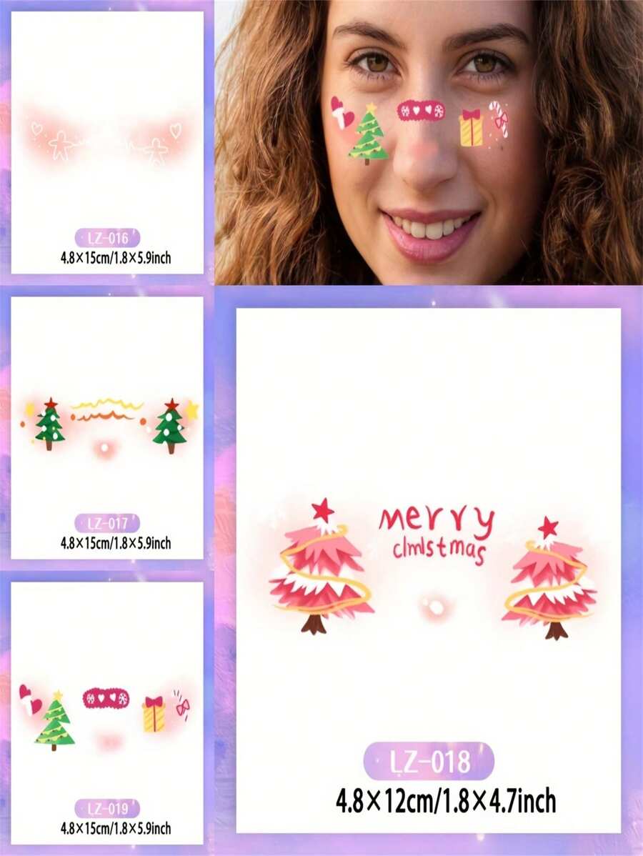 Temporary Christmas Tattoo - Waterproof Washable Face Stickers With Santa Claus, Reindeer, Trees And Candy - Multicolor - View 1