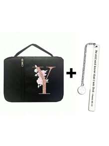 时尚简约复活节耶稣印花圣经袋和 1 个不锈钢书签，带和链条、首字母印刷、圣经封面、圣经架、便携整理袋，带拉链和口袋，适用于标准尺寸圣经袋，用于圣经学习，圣经封面，花卉圣经盒，带手柄的圣经袋，非常适合成人女性男性圣经学习（黑色）（拉链位置随机）