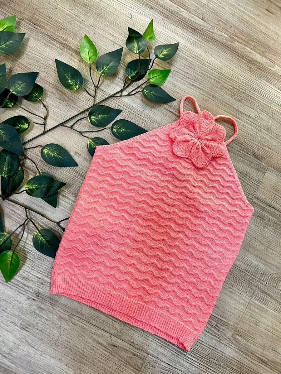 Women's Summer Cropped Knit Vest, Modal, Flower, Tie, Fits Up To 42, Summer Fashion - Màu Cam san hô - Xem 1