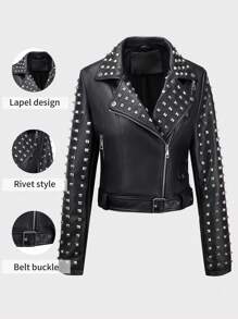 Giolshon Women's Spring And Autumn Models Of Simple And Versatile Square PU Rivets Models Of Fashion Biker Jacket Complimentary Belt - Black - View 6