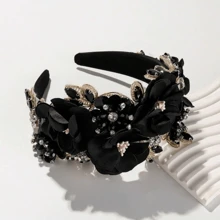 1 Peça Faixa de Cabeça Larga Barroca Boho com Imitação de Flores de Cálice Resistente, Pedras Brilhantes e Material de Tecido, Presente do Dia dos Namorados, Tiara, Faixas de Cabelo