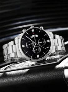 1pc Men Round Pointer Date Quartz Watch & 1pc Bracelet