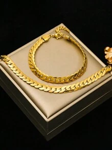 2pcs Simple Stainless Steel Thick Chain Hip Hop Punk Personalized Cool Necklace + Bracelet Set - Set - View 1