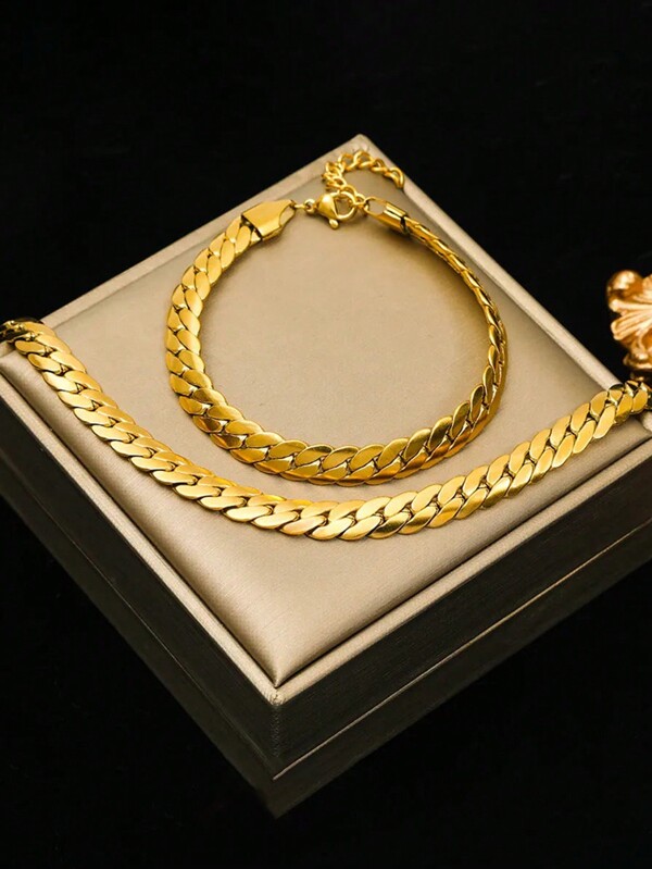 Set de collar y pulsera sencillos de hip hop punk de personalidad cool de cadena gruesa de acero inoxidable, 2 piezas