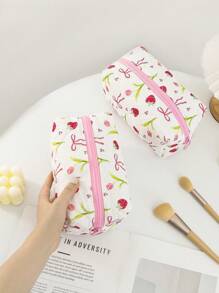 Portabel 草莓美学可爱光泽化妆包绗缝花卉卫生包心形和蝴蝶结月经包配粉色格子衬里可爱化妆包绗缝女士化妆包，化妆包珠宝收纳包绗缝花卉化妆包带钱包袋美学物品旅行必需品口红刷收纳袋化妆包化妆品收纳盒化妆品收纳 - 彩色 - 查看 14