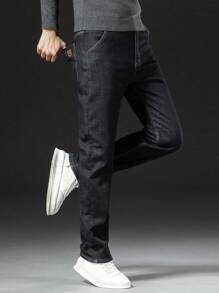 Quần Jeans Ống Thẳng Công Sở Ấm Áp Bằng Nhung Mùa Thu Đông Cho Nam - màu đen - Xem 4