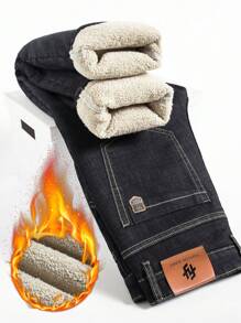 Quần Jeans Ống Thẳng Công Sở Ấm Áp Bằng Nhung Mùa Thu Đông Cho Nam - màu đen - Xem 1