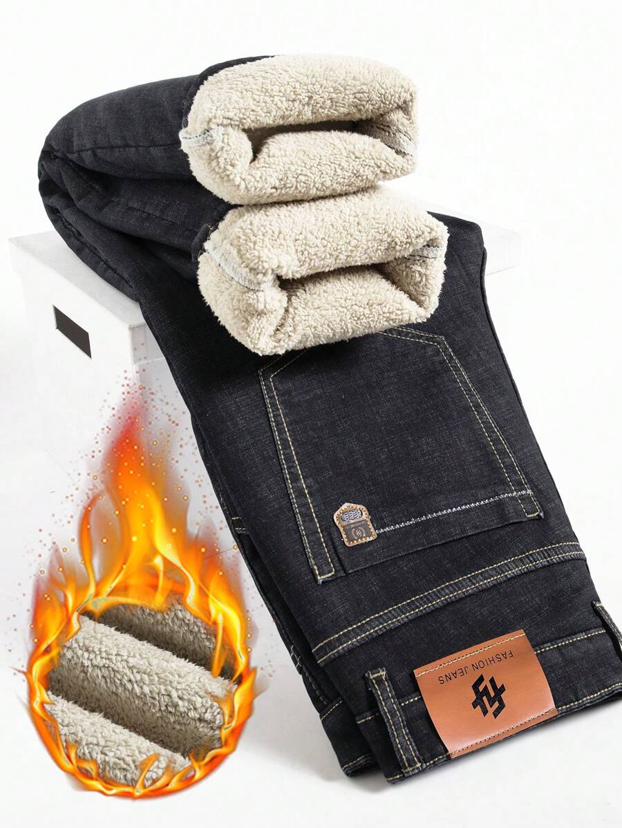 Quần Jeans Ống Thẳng Công Sở Ấm Áp Bằng Nhung Mùa Thu Đông Cho Nam - màu đen - Xem 1