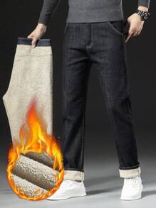 Quần Jeans Ống Thẳng Công Sở Ấm Áp Bằng Nhung Mùa Thu Đông Cho Nam - màu đen - Xem 2