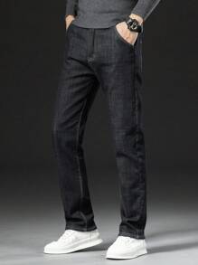 Quần Jeans Ống Thẳng Công Sở Ấm Áp Bằng Nhung Mùa Thu Đông Cho Nam - màu đen - Xem 5