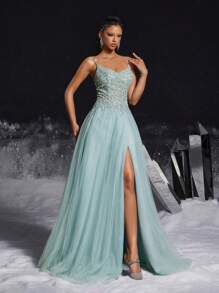 VIPGIRL 优雅的浅蓝色细肩带串珠薄纱高开叉女式礼服，适合舞会、派对、婚礼嘉宾、毕业典礼和晚宴的长款正式晚礼服 - 淺灰色 - 查看 4