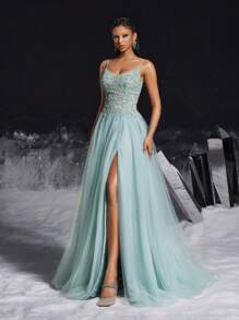 VIPGIRL 优雅的浅蓝色细肩带串珠薄纱高开叉女式礼服，适合舞会、派对、婚礼嘉宾、毕业典礼和晚宴的长款正式晚礼服 - 淺灰色 - 查看 3