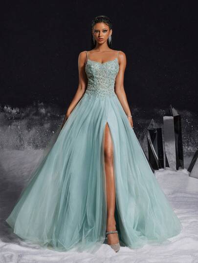 VIPGIRL Elegant Light Blue Spaghetti Strap Beaded Tulle High-Slit Gown For Women, Long Formal Evening Dresses For Prom, Party, Wedding Guest, Graduation, And Dinner