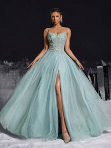 VIPGIRL 优雅的浅蓝色细肩带串珠薄纱高开叉女式礼服，适合舞会、派对、婚礼嘉宾、毕业典礼和晚宴的长款正式晚礼服 - 淺灰色 - 查看 6