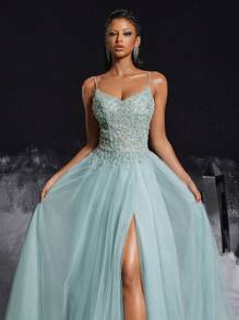 VIPGIRL 优雅的浅蓝色细肩带串珠薄纱高开叉女式礼服，适合舞会、派对、婚礼嘉宾、毕业典礼和晚宴的长款正式晚礼服 - 淺灰色 - 查看 8