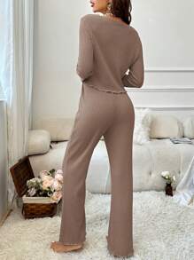 2 件女士秋冬罗纹针织蝴蝶结睡衣套装、家居服 - 杏色 - 查看 4