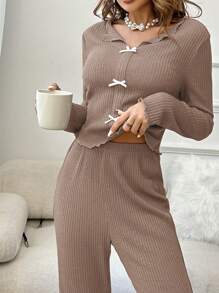 2 件女士秋冬罗纹针织蝴蝶结睡衣套装、家居服 - 杏色 - 查看 3