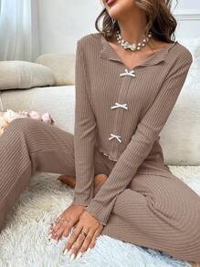 2 件女士秋冬罗纹针织蝴蝶结睡衣套装、家居服 - 杏色 - 查看 1