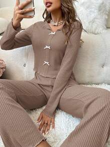 2 件女士秋冬罗纹针织蝴蝶结睡衣套装、家居服 - 杏色 - 查看 6
