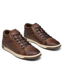 SHOESMALL Men's Leather Sneakers High Top Fashion Casual Shoes Dress Sneakers Boots For Men - AMY5106A-深棕色 - 查看 6