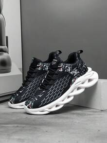 男士个性龙鳞拼布随机印花系带运动鞋，街头嘻哈风格不对称鞋底针织网眼缓震透气运动跑步休闲鞋 - 黑色 - 查看 5