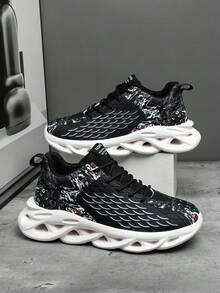 男士个性龙鳞拼布随机印花系带运动鞋，街头嘻哈风格不对称鞋底针织网眼缓震透气运动跑步休闲鞋 - 黑色 - 查看 2