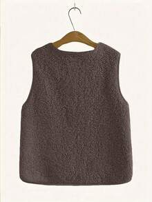 女士纯色羊羔绒拉链前袋修身轻薄背心外套，秋冬季 - 咖啡棕 - 查看 5