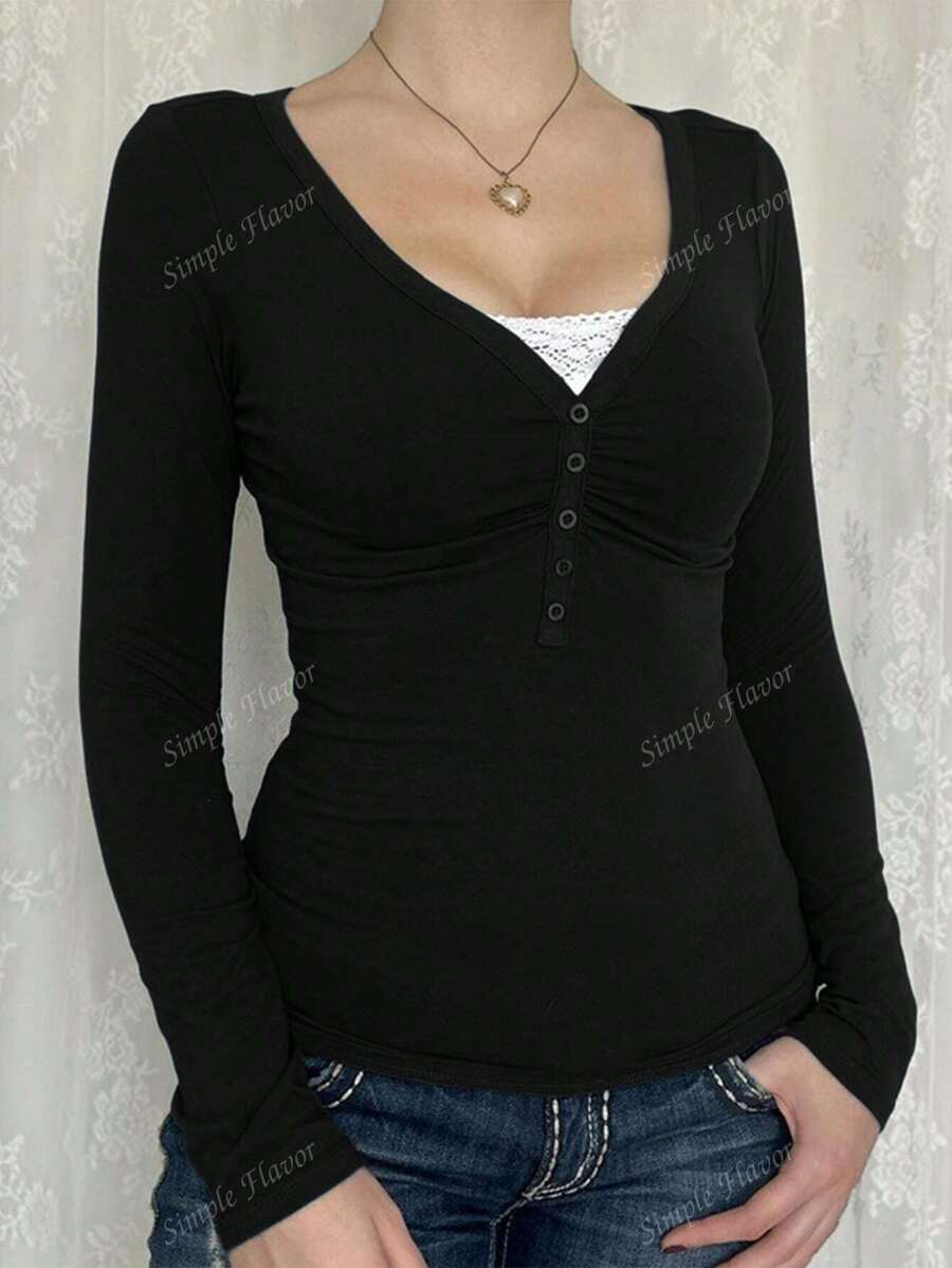 Simple Flavor Women's T-Shirt Y2K Fall Clothes Casual Daily Sexy Solid Color Lace Contrasting Color Slim Long Sleeve V-Neck Top