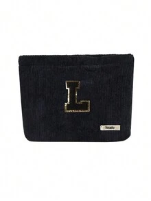 Túi cầm tay nhung kẻ, Túi đựng đồ trang điểm, Túi đựng đồ sọc đơn giản khi đi du lịch, Khăn đen thêu chữ A-Z, Ví đựng mỹ phẩm màu trơn, Túi đựng đồ trang điểm du lịch nhung kẻ dung tích lớn: Hoàn hảo cho việc làm đẹp khi di chuyển! Túi đựng đồ mỹ phẩm du lịch, Đơn giản và cao cấp, Đựng phụ kiện, Thích hợp để cất giữ trong ký túc xá, Du lịch, Đi công tác, Bơi lội, Đựng đồ tại nhà - màu đen - Xem 27