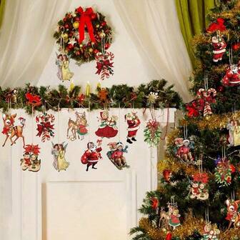 20pcs Wooden Christmas Tree Ornaments, Santa Claus, Reindeer, Snowman Hanging Decorations, Party Supplies,Home Decor ,Room Decor,Wall Decor