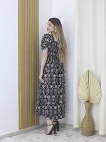 Printed A-Line Crepe Dress 40-46 With Lining And Stretch 9837EST - 黑與白 - 查看 2