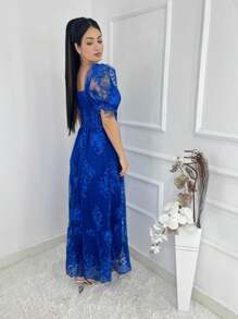 Luxury Long Dress Tulle Party Embroidered Short Sleeve - 寶藍色 - 查看 3