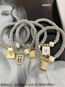 1 件时尚银色雪花和铜珠珠光串珠心形和吊坠装饰手链，适合女性日常佩戴 - 銀色雪花片手鍊 - 查看 3