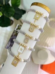 1 件时尚银色雪花和铜珠珠光串珠心形和吊坠装饰手链，适合女性日常佩戴 - 銀色雪花片手鍊 - 查看 2